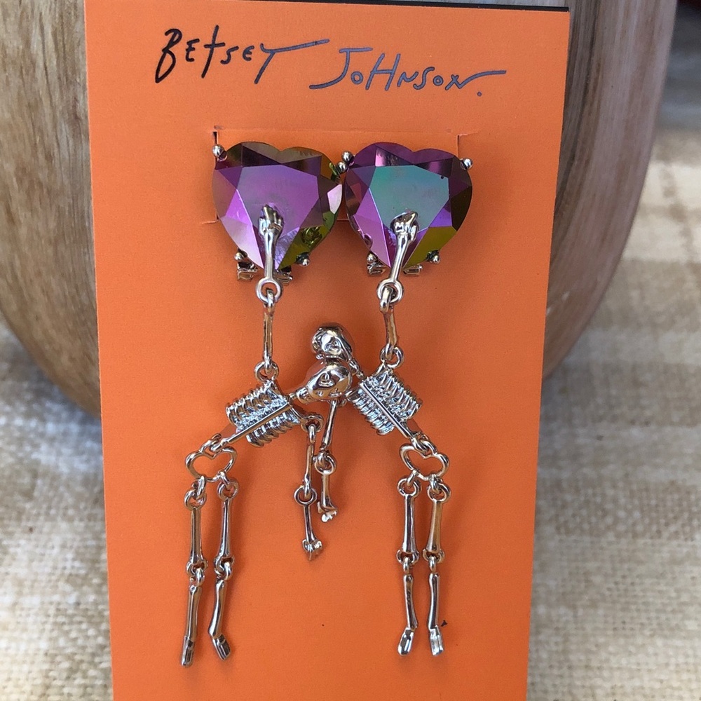 Betsey Johnson Oil Slick Crystal Heart & Silver Skeleton Drop Earrings NWT